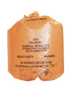 Orange Medium Duty 10KG Clinical Waste Sack Roll 28" x 39? (1x Roll of 25 Sacks)